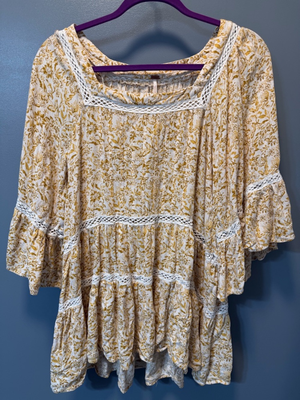 Free People Talk About It Tunic Bohemian Floral Lace-Trim Top - Cream & Gold